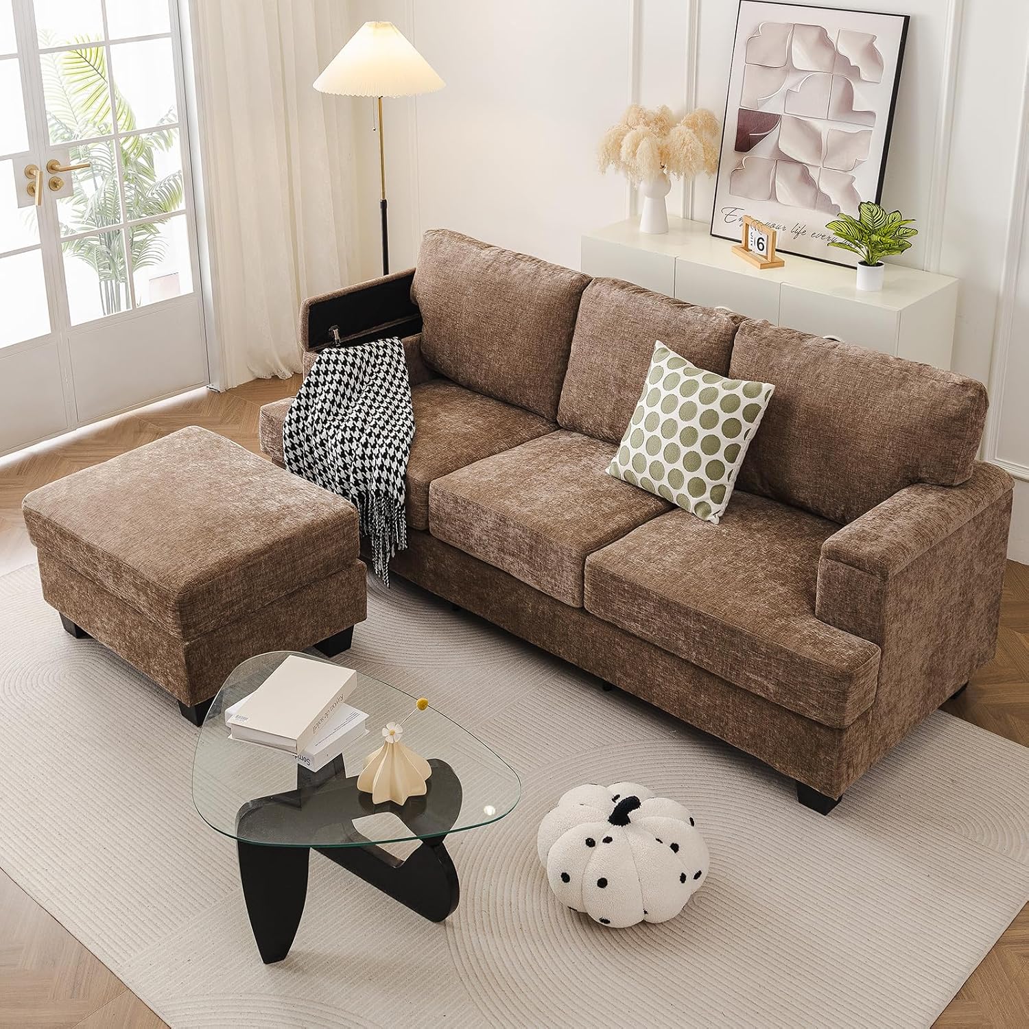 Rexulqo 85'' L Shaped Couch with Armrest Organizer,3 Seats Sofas with Movable Ottoman,Comfy Sectional Sofa with Thick Cushion,Sectional Couches for Living Room,Bedroom,Apartment,Chenille,Brown