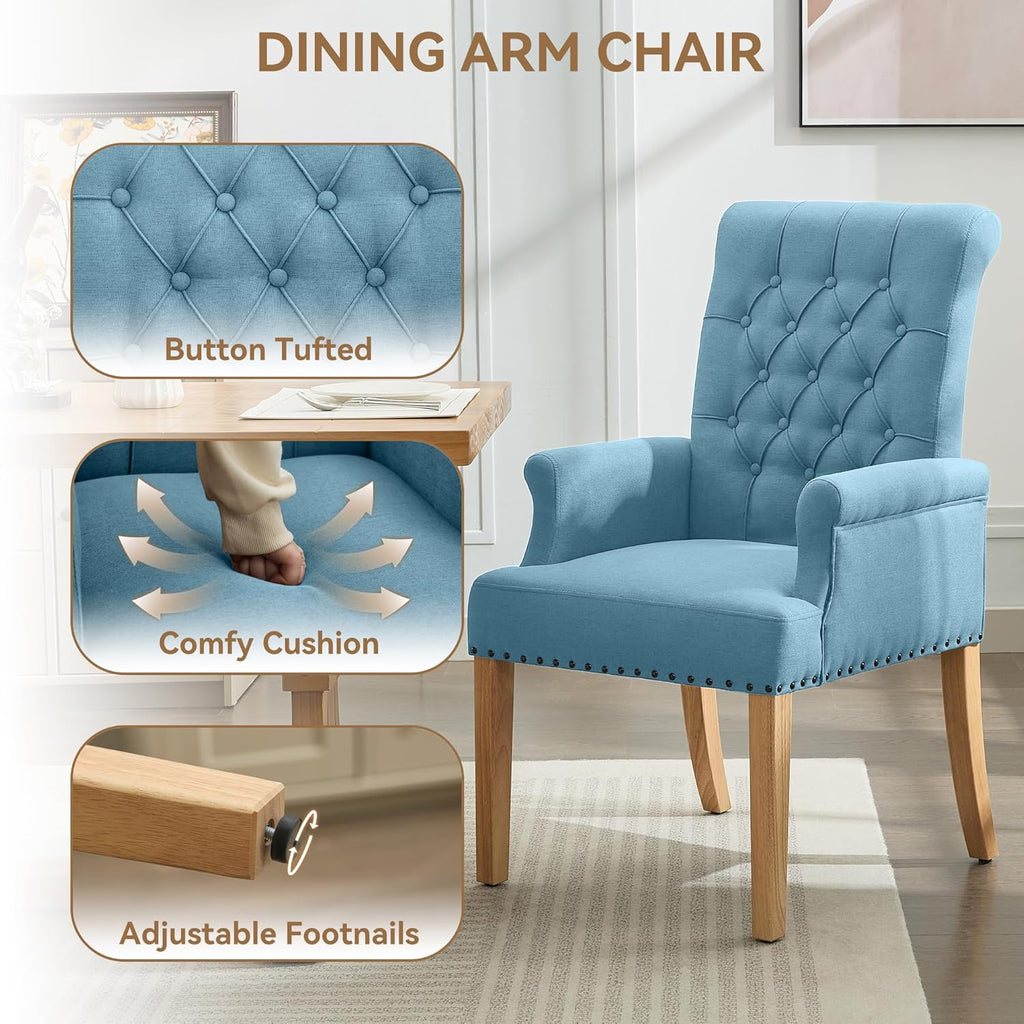 WUTUTUEE Fabric Dining Chair with Arms, Upholstered Tufted High Back Dining Room Chairs, Accent Armchair with Solid Wood Leg and Nailhead Trim, Kitchen Dining Living Room, Blue