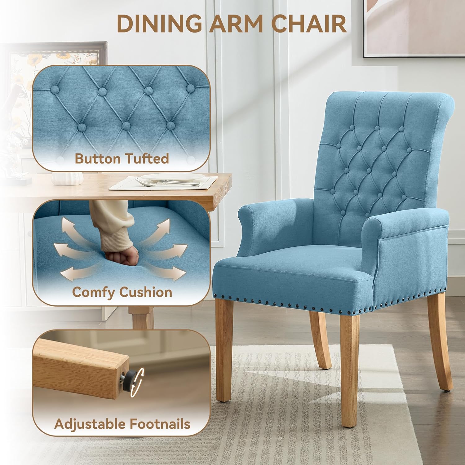 WUTUTUEE Fabric Dining Chair with Arms, Upholstered Tufted High Back Dining Room Chairs, Accent Armchair with Solid Wood Leg and Nailhead Trim, Kitchen Dining Living Room, Blue