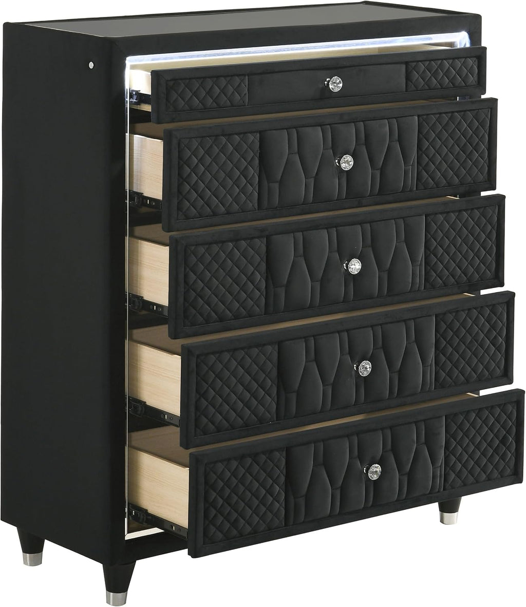 Coaster Home Furnishings - Lorient - Wood and Velvet - 5-Drawer Chest with Built-in LED Lighting, Crystal Knobs and English Dovetail Joinery - Bedroom - Black - 223165