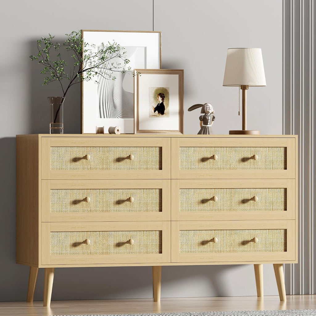 Dresser for Bedroom with 6 Drawer, Natural Rattan Chest of Dressers, Wide Wood Double Dresser, Wooden TV Stand Closet Storage Furniture, Boho Small Clothes Organizer for Hallway, Living Room, Entryway