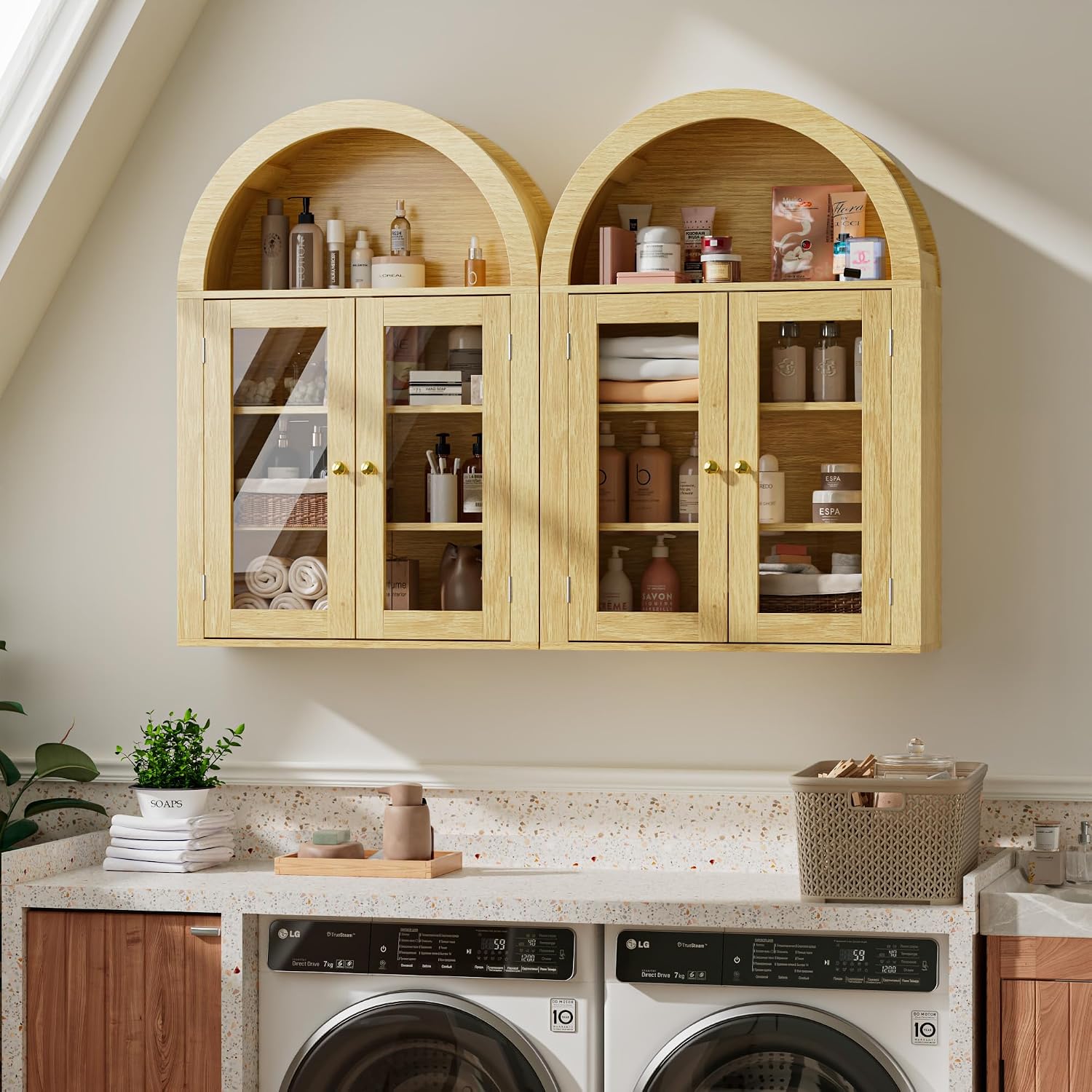 BREEZEHEAT Arched Medicine Cabinet with Glass Doors, Adjustable Shelf, Wall Mounted Bathroom Storage Cabinet Over Toilet, Natural Oak Wood Grain, 23.6''W × 31.5''H