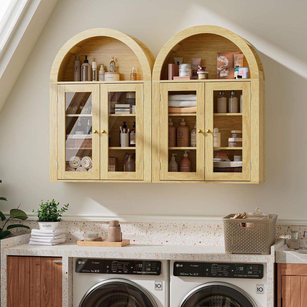 BREEZEHEAT Arched Medicine Cabinet with Glass Doors, Adjustable Shelf, Wall Mounted Bathroom Storage Cabinet Over Toilet, Natural Oak Wood Grain, 23.6''W × 31.5''H
