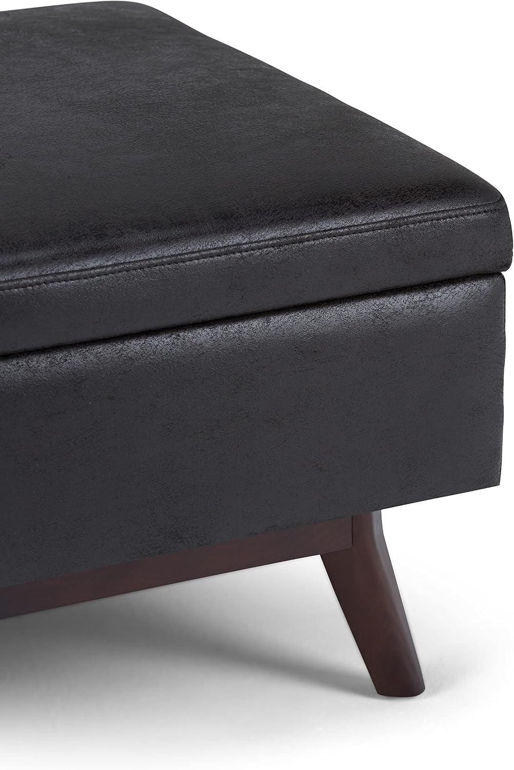 SIMPLIHOME Owen Coffee Table Storage Ottoman - 34' Wide x 19' High Upholstered Vegan Leather Rectangular Lift-Top Ottoman in Distressed Black, Mid-Century Bench for Living Room with Tapered Legs