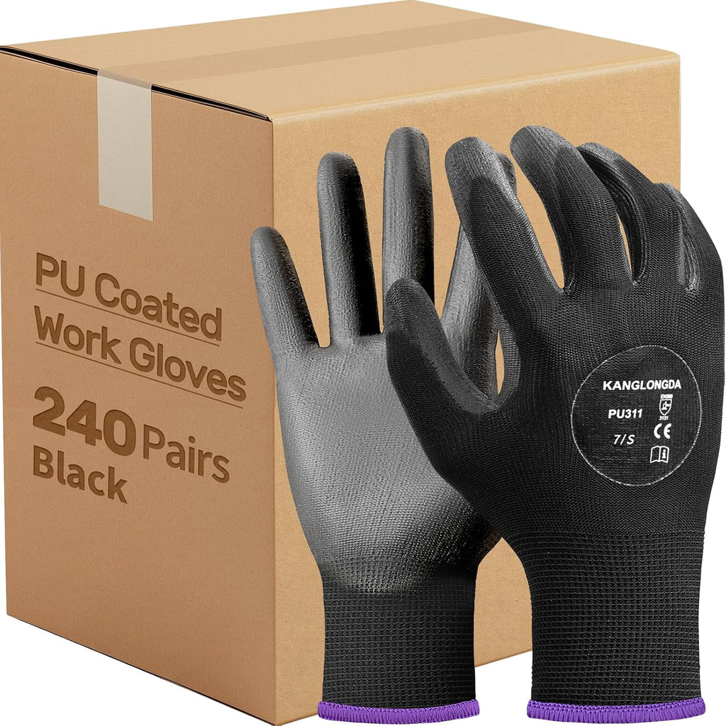 Kebada Safety Work Gloves,240 Pairs Bulk Pack, PU Coated, Ideal for Warehouse, Construction, Gardening and Mechanics, Black, Small