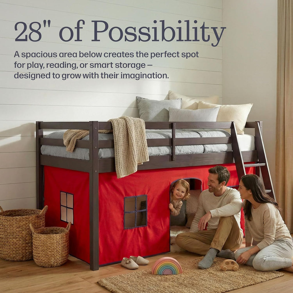 Alaterre Furniture Roxy Low Loft Bed Twin Size Frame with Tent - Solid Wood Loft Bed with Safety Guardrails, Inclined Ladder and Play Tent - No Box Spring Needed, Easy Assembly (Espresso & Red)