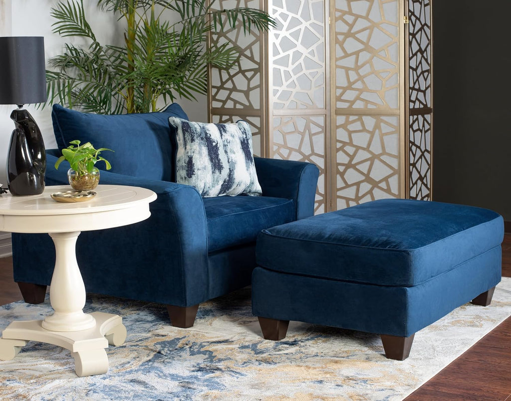 Roundhill Furniture Camero Fabric Pillowback Accent Chair with Ottoman, Navy Blue