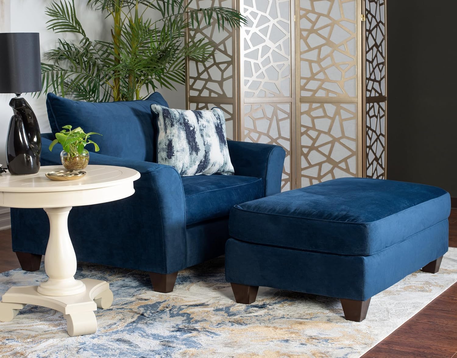Roundhill Furniture Camero Fabric Pillowback Accent Chair with Ottoman, Navy Blue