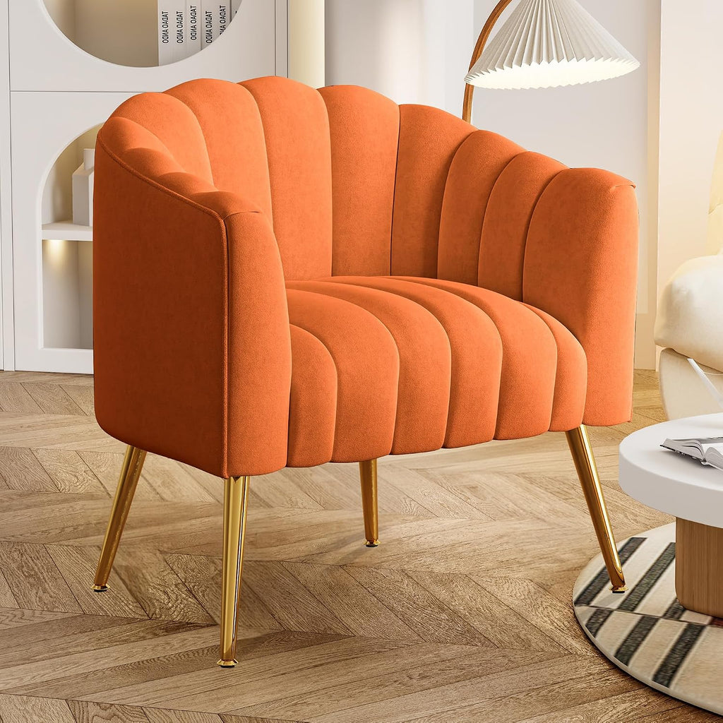 Dewhut Oversized Pumpkin Couch Accent Chair, Modern Comfy Velvet Upholstered Barrel Chairs, Luxury Single Sofa Armchair for Living Room, Waiting Room, Office and Vanity, (Orange)