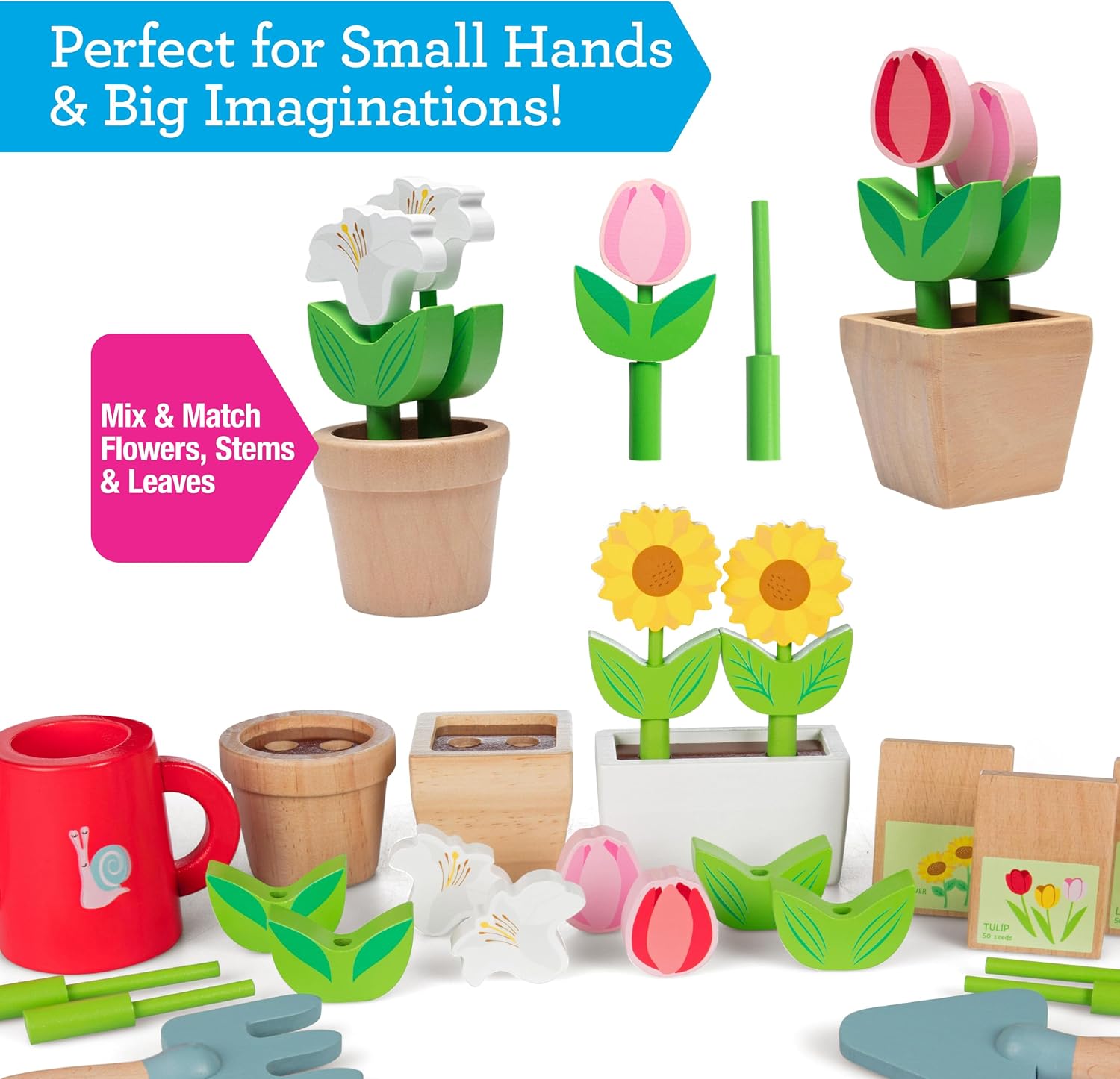 Bloom & Grow Gardening Center Wooden Toy Indoor Playset- 22 Pc Garden Stand Set w Flowers, Seed Packet, Pots Shovel Rake Apron Watering Pot- Interactive Fun Pretend Playtime Activity, Kids Summer Gift