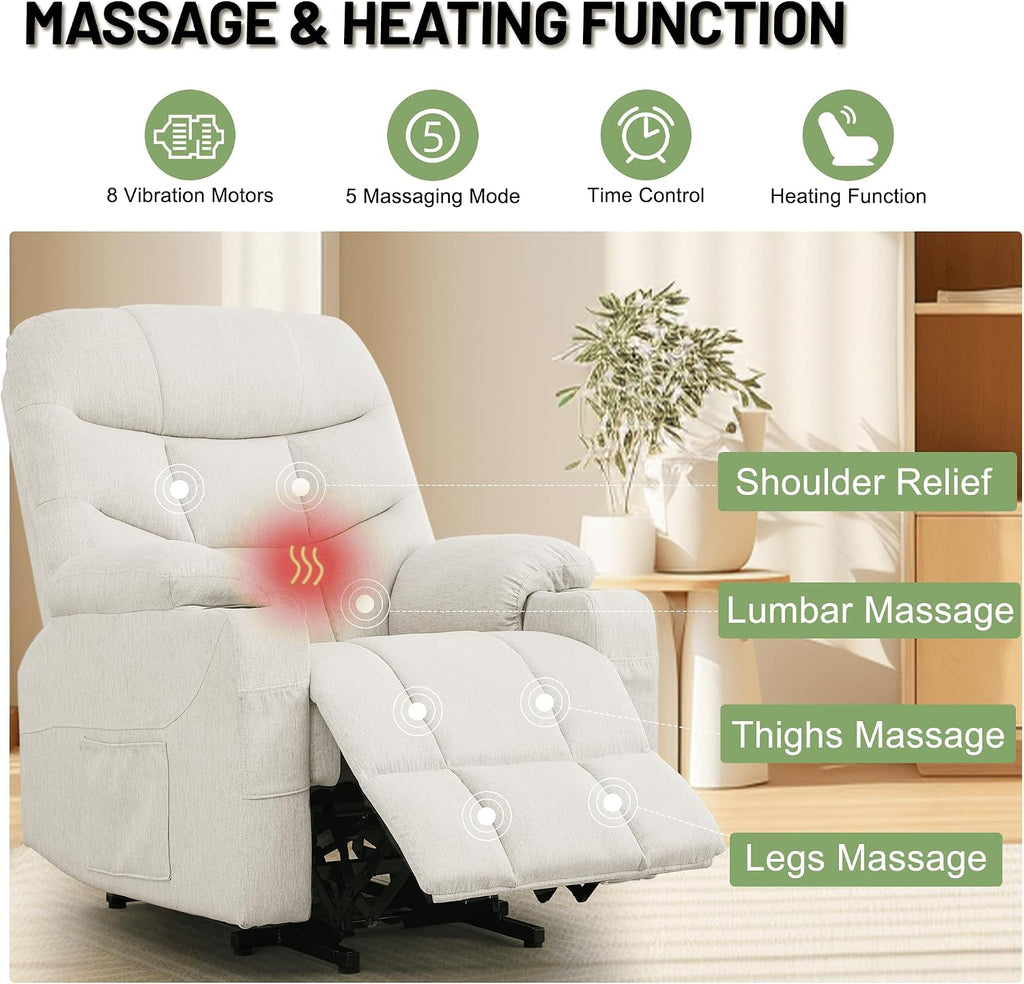 Korser Power Recliner Chair with Massage and Heating, Power Lift Recliner Chair for Elderly and Adults, Electric Recliner with Remote Control and Cup Holders for Living Room, Linen Fabric