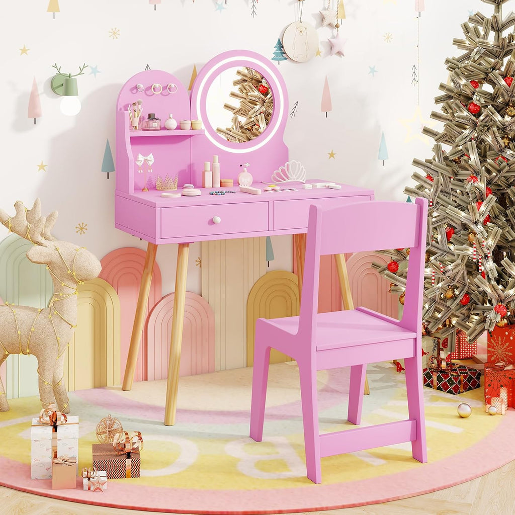 HONEY JOY Kids Vanity, Little Girls Vanity Set with Mirror and Stool and Lights, Drawers, Toddler Makeup Vanity Dressing Table, Wooden Pretend Play Kids Vanity Table and Chair Set (Pink)