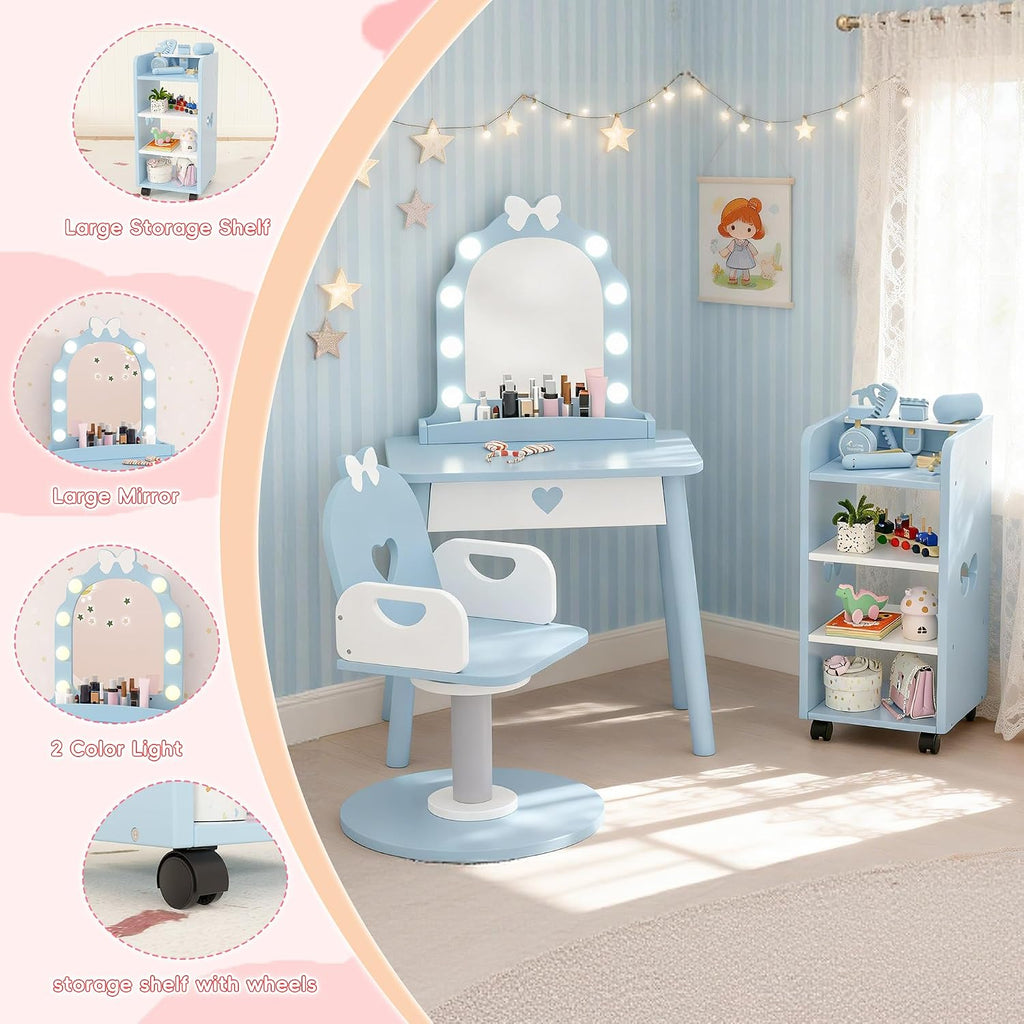 Wooden Kids Vanity Table and Chair Set with Light and Mirror, Princess Makeup Vanity Desk with Barber Chair and Rolling Cart, Pretend Hair Salon Play Set, Toddler Vanity Set for Girls, Blue