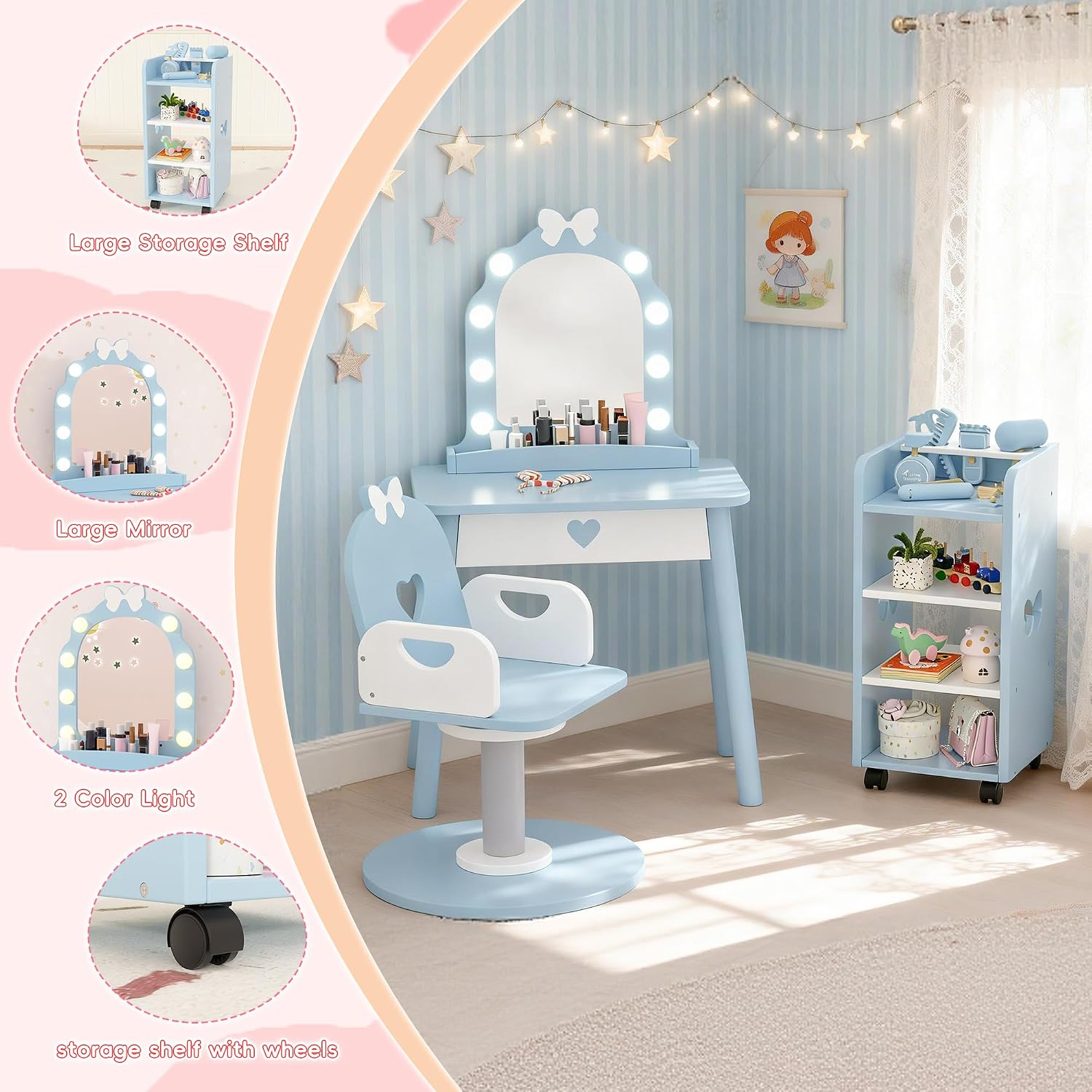 Wooden Kids Vanity Table and Chair Set with Light and Mirror, Princess Makeup Vanity Desk with Barber Chair and Rolling Cart, Pretend Hair Salon Play Set, Toddler Vanity Set for Girls, Blue