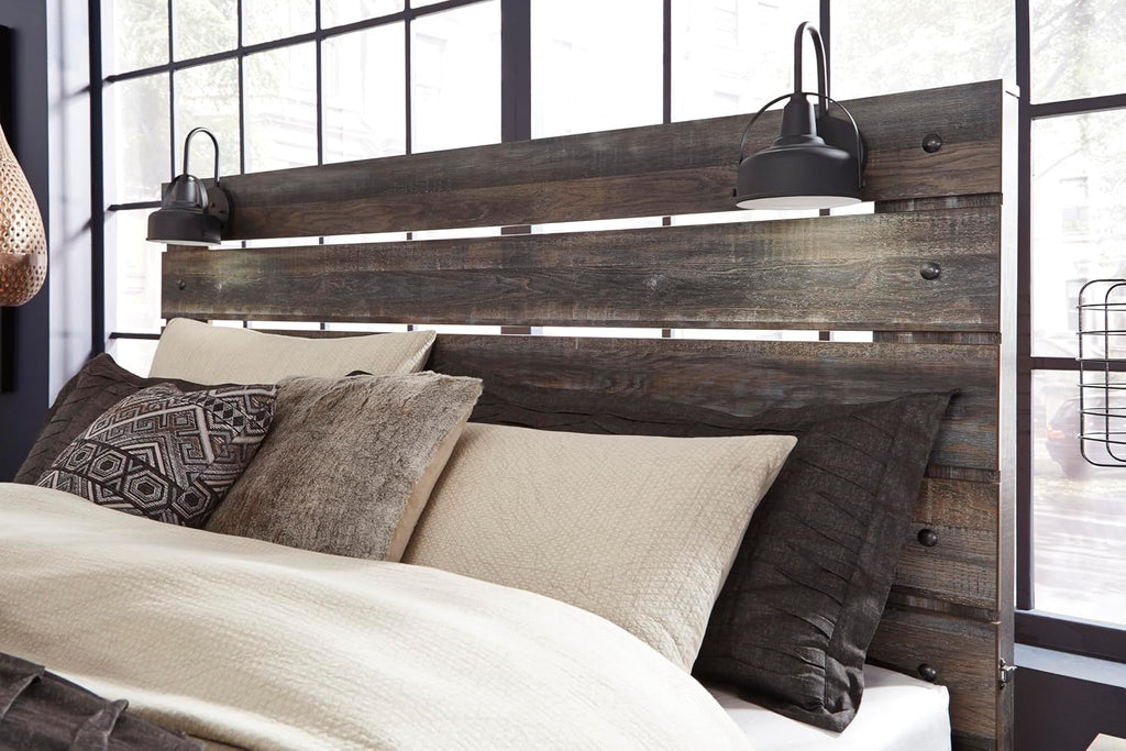 Signature Design by Ashley Drystan Queen Panel Bed with Storage Drawers, Built-in USB & LED Sconce Lights, Engineered Wood, for Master Bedroom Suites, Rustic Brown, Queen