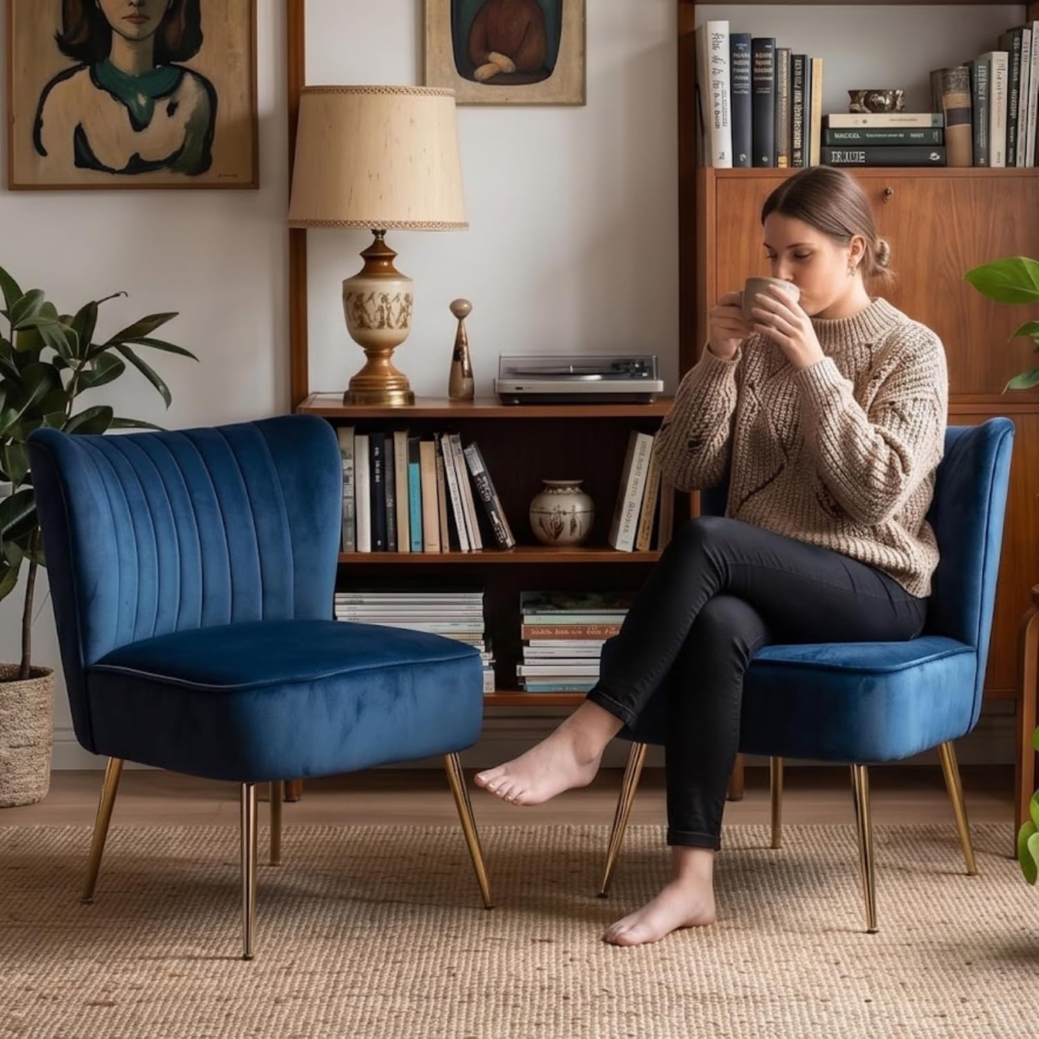 Velvet Accent Chair Set of 2 Comfy Living Room Chair Armless Slipper Chair Mid Century Side Single Sofa Chair with Golden Legs Wingback for Bedroom Guest Room, Blue