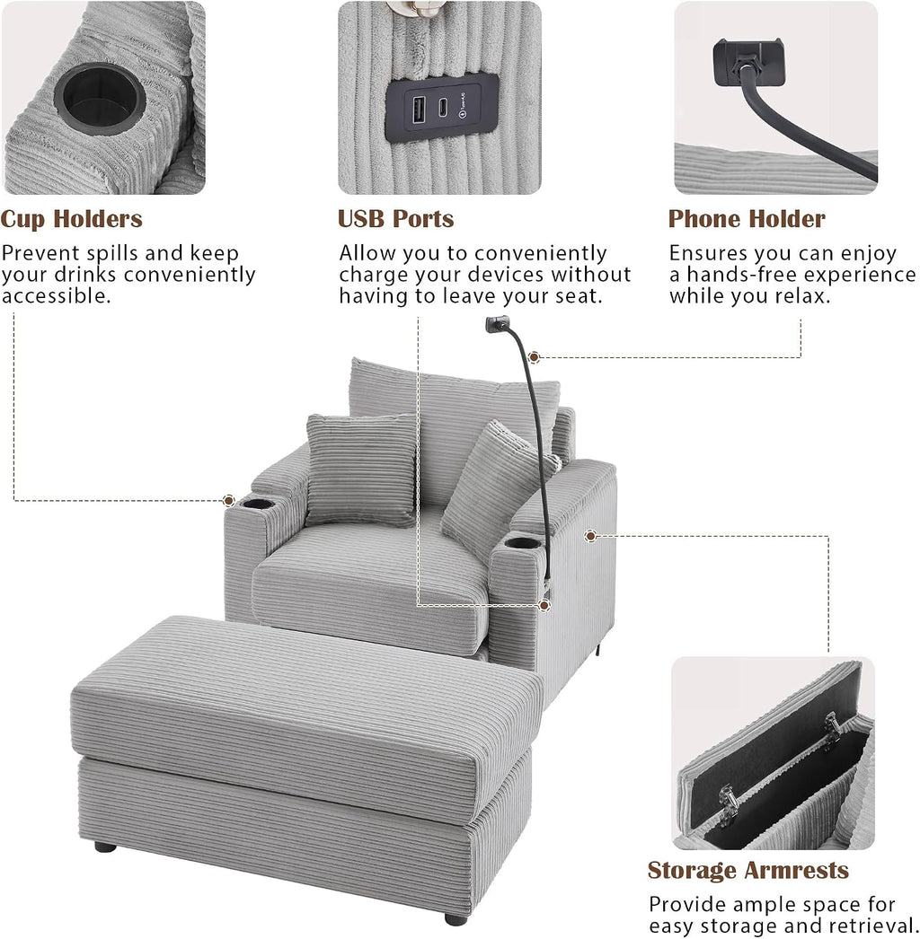 Merax Modern 41.7' Chaise Lounge with Pillows, Charge Station & Cup Holders,Upholstered Sofa Recliner Chair with Ottoman for Living Room Bedroom Gray