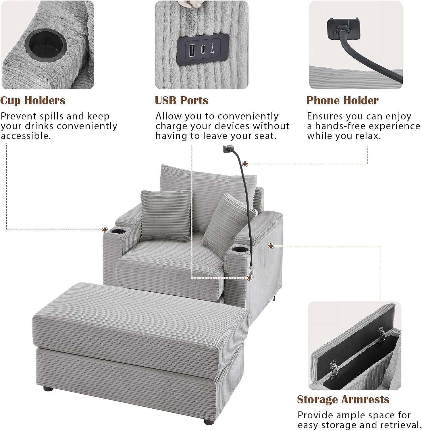 Merax Modern 41.7' Chaise Lounge with Pillows, Charge Station & Cup Holders,Upholstered Sofa Recliner Chair with Ottoman for Living Room Bedroom Gray