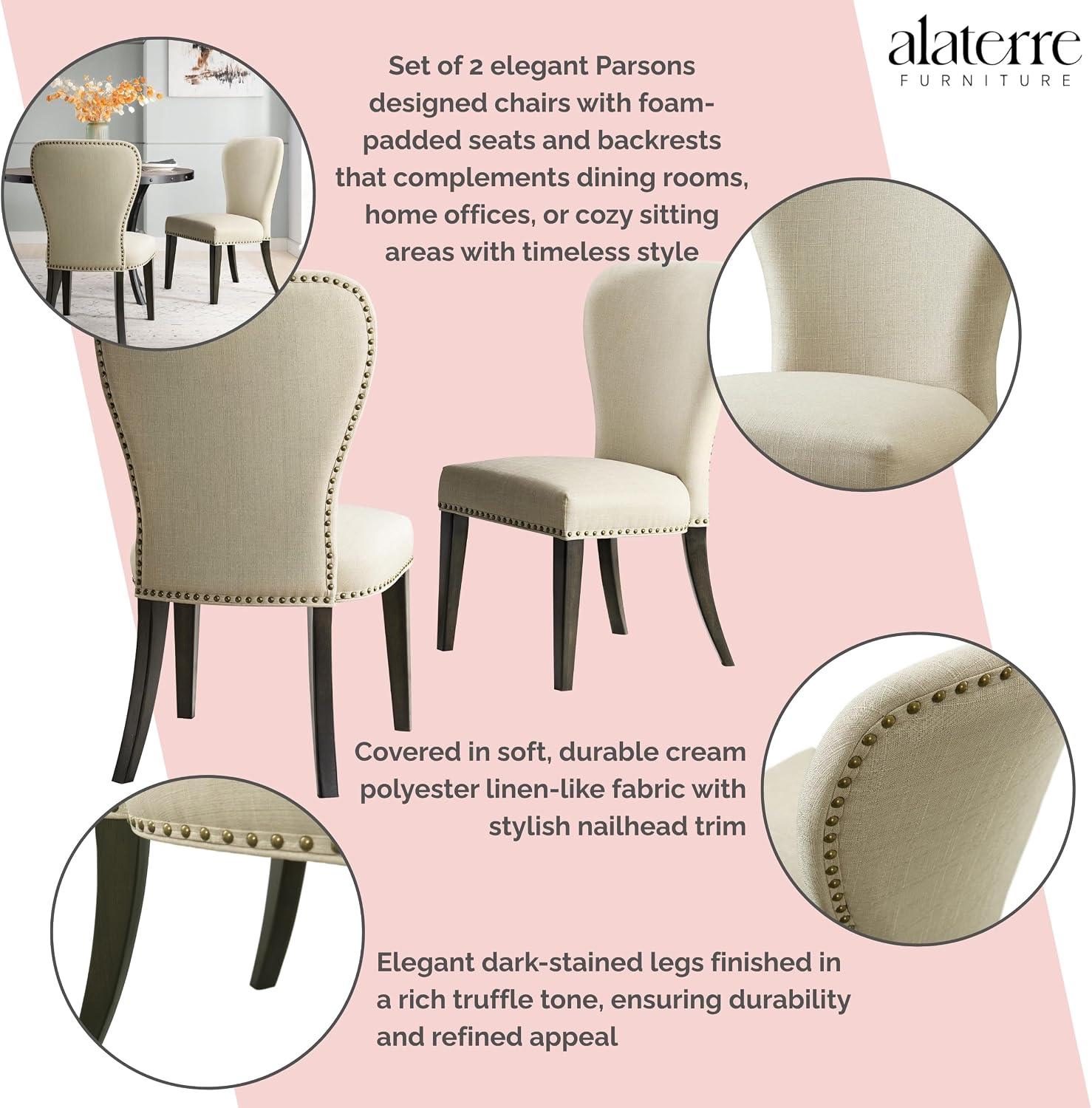 Savoy Upholstered Dining Chairs – Set of 2 Parsons Style Accent Chairs with Cream Linen Fabric, Nailhead Trim, and Dark Stained Legs – for Dining Room, Desk, or Sitting Area by Alaterre Furniture