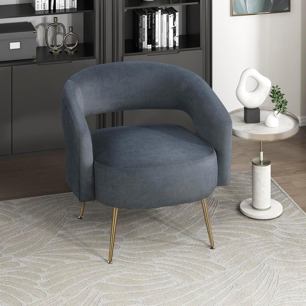 Lexicon Mid-Century Modern Velvet Accent Chair with Open Back, Gold Metal Legs, Upholstered Curved Barrel Armchair for Living Room/Bedroom/Office, Easy Assembly, Dark Gray
