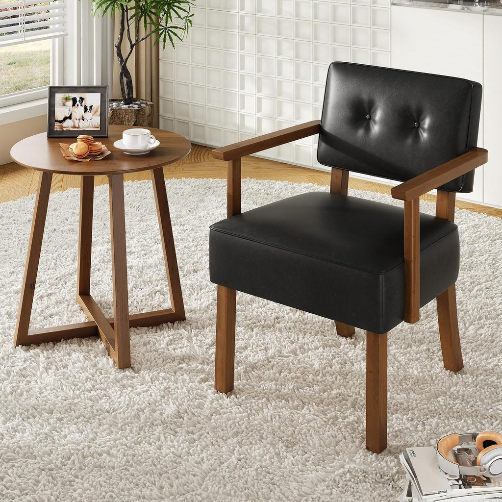 Garvee Accent Chair, Mid-Century Modern Faux Leather Armchair with Wood Frame, Button Tufted Upholstered Reading Chair for Living Room, Bedroom or Balcony, Black