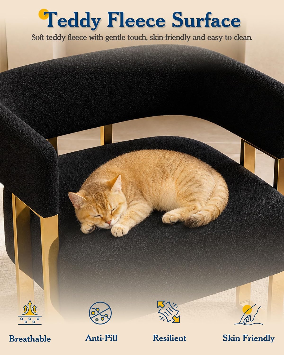 AODAILIHB Modern Accent Chair, Black Teddy Fleece Upholstered Barrel Chairs with Gold Metal Legs - Upholstered Armchairs for Living Room, Bedroom, Lounge & Waiting Room