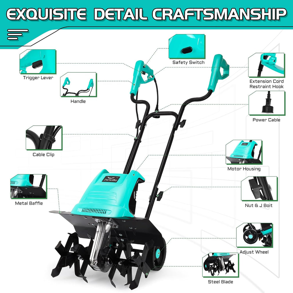 IncwBo 15 Amp 12 Inch Electric Tiller/Cultivator with 4 Steel Tines Small Garden Tiller for Gardening, Corded Rototiller with Adjustable Wheels