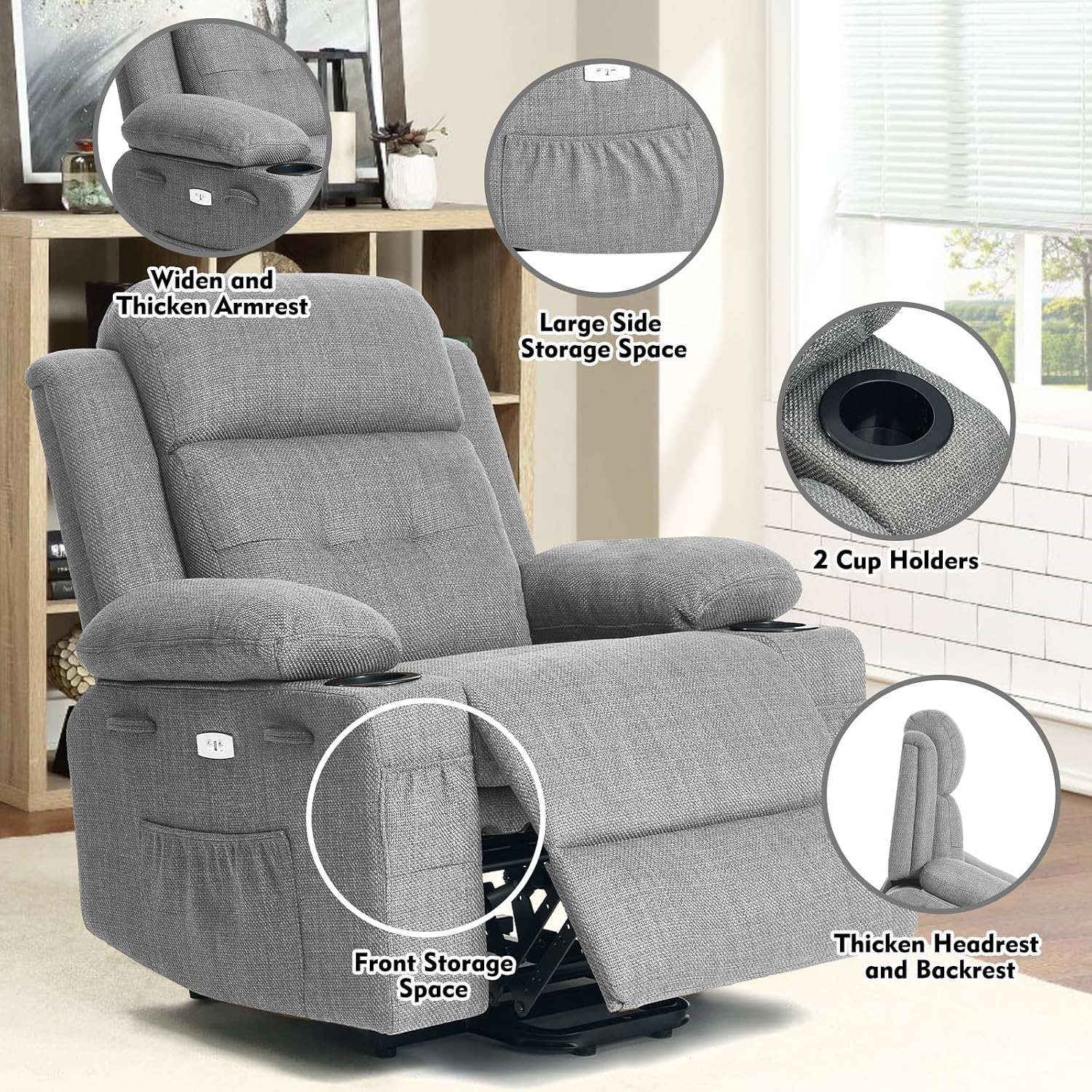 Polar Aurora Power Lift Chair for Elderly,Electric Recliner Chair with Heating and Vibrating Massage,Living Room Chair with Adjustable Back,Thickened armrest,USB Ports,2 Cup Holders,Gray