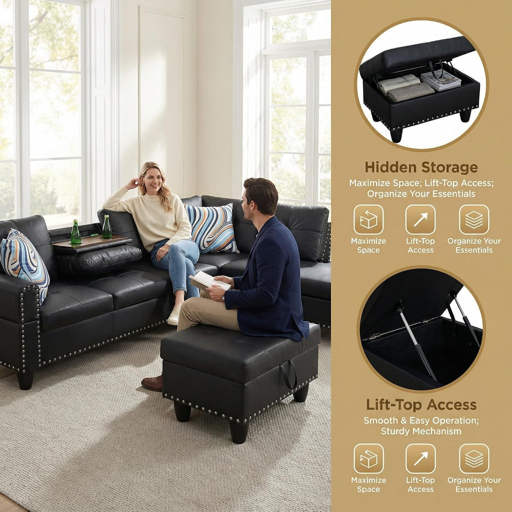 L-Shaped Sectional Sofa with Movable Chaise & Storage Ottoman - 3-Piece Leather Modular Convertible Couch for Living Room, Apartment & Home Office, Gloss Black