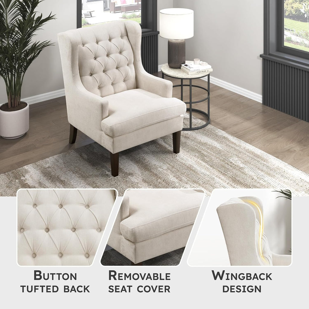 Lexicon Living Room Accent Chair, Textured Fabric Upholstered Reading Chair, Button-Tufted, High Wingback for Living Room/Bedroom/Office, Beige