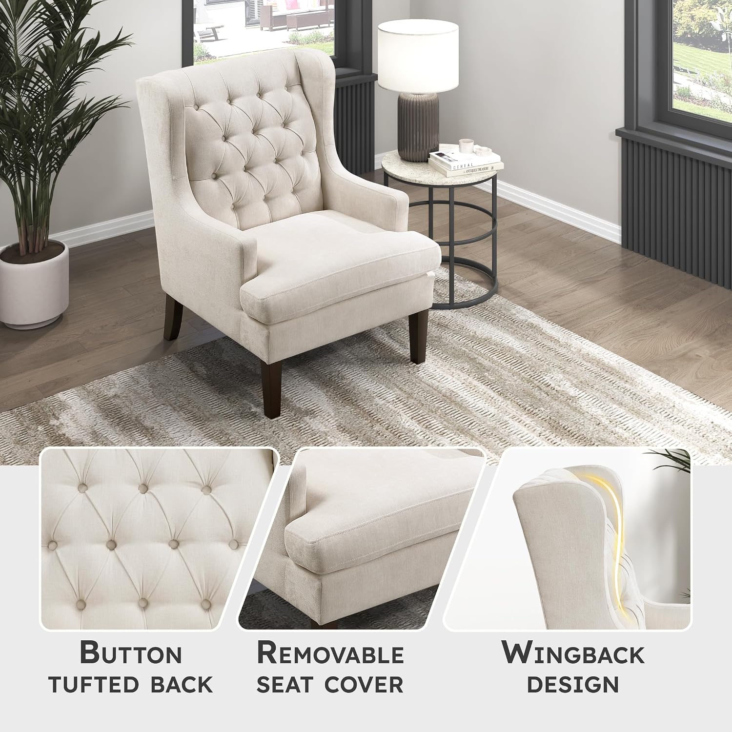 Lexicon Living Room Accent Chair, Textured Fabric Upholstered Reading Chair, Button-Tufted, High Wingback for Living Room/Bedroom/Office, Beige