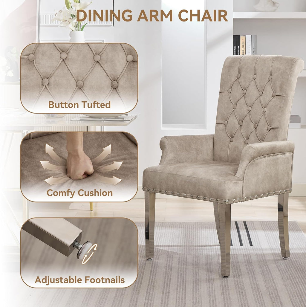 WUTUTUEE Velvet Dining Chair with Arms, Upholstered Tufted High Back Dining Room Chairs, Accent Armchair with Chrome Leg and Nailhead Trim, Kitchen Dining Living Room, Beige (Ivory)
