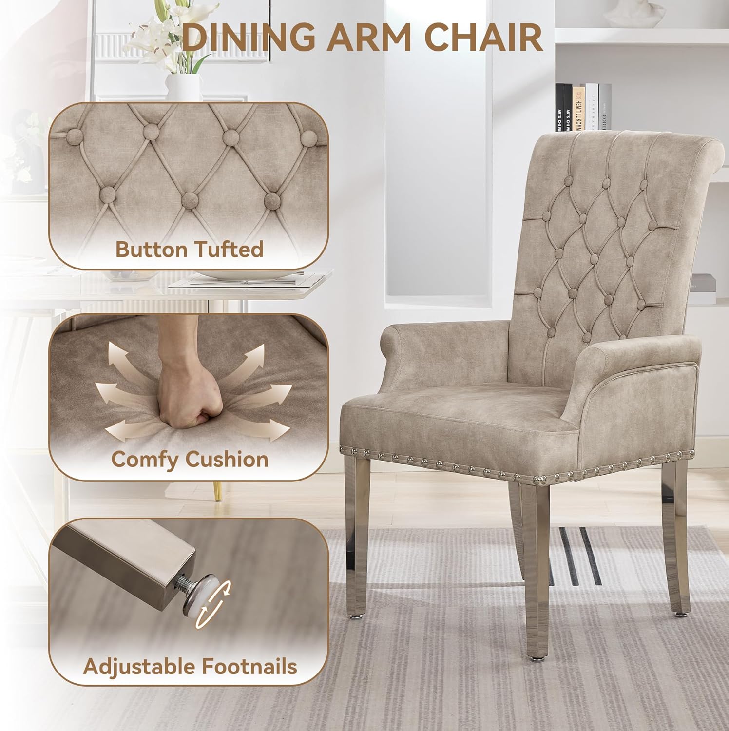 WUTUTUEE Velvet Dining Chair with Arms, Upholstered Tufted High Back Dining Room Chairs, Accent Armchair with Chrome Leg and Nailhead Trim, Kitchen Dining Living Room, Beige (Ivory)