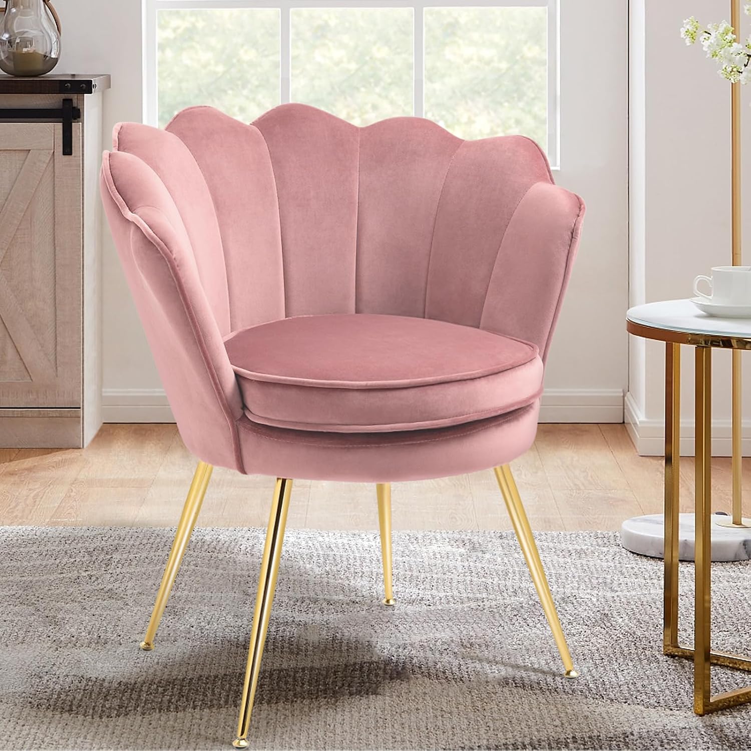 Czlolo Accent Chairs Set of 2 for Living Room, Velvet Upholstered Makeup Room Vanity Chair with Back, Golden Metal Legs Small Accent Side Chair for Bedroom, Cloud Chair Set, 2 Pcs Pink