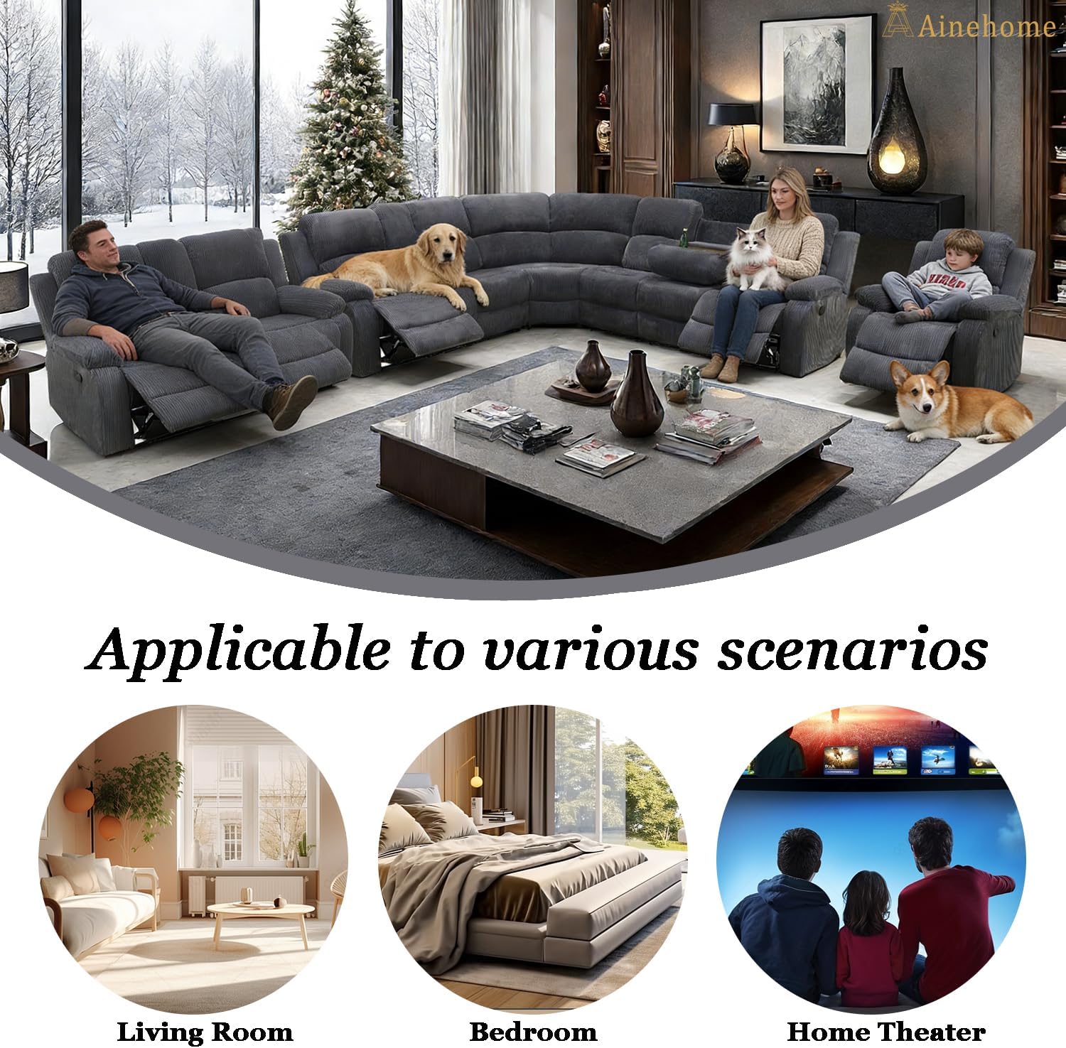 A Ainehome Manual Sectional Couch Recliner Sofa Set with Storage, Corduroy Sofa Sets Manual Reclining Sectional Couches for Living Room with 5 Recliner Seats(Living Room Set, Dark Grey)