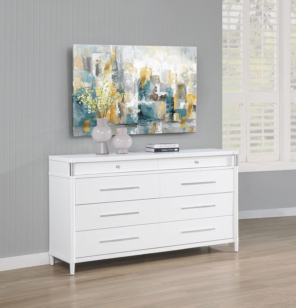 Coaster Home Furnishings - Gracemont - Wood - 8-Drawer Dresser with Felt-Lined Drawers, Brushed Nickel Pulls and Contemporary Style - Bedroom - White - 225073