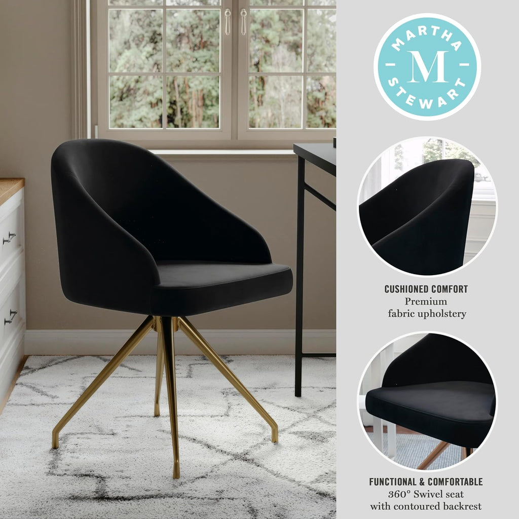 Martha Stewart Sora Stationary Swivel Task Chair with Sloped Arms for Home Office in Black Velvet with Polished Brass Frame