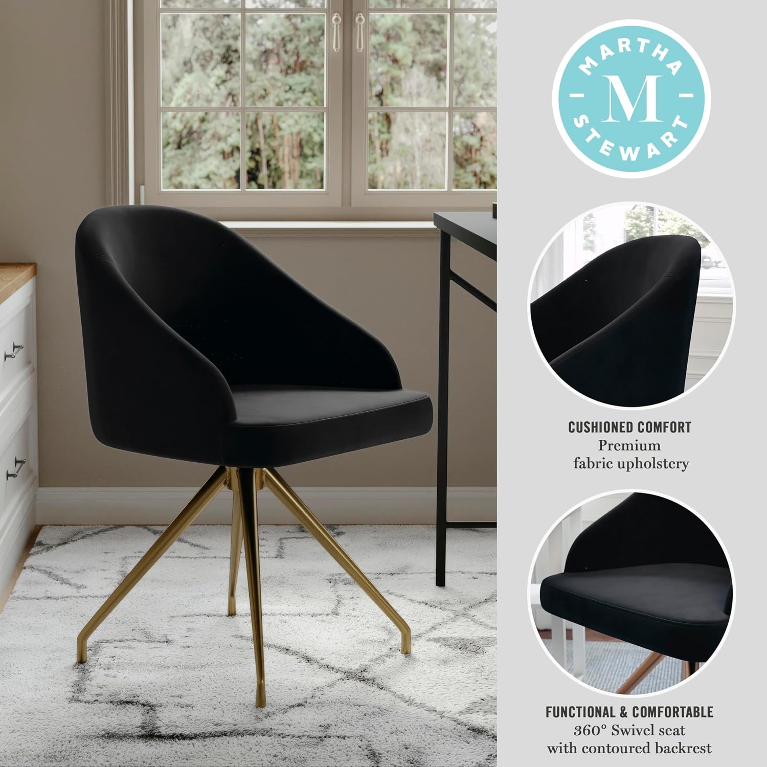 Martha Stewart Sora Stationary Swivel Task Chair with Sloped Arms for Home Office in Black Velvet with Polished Brass Frame