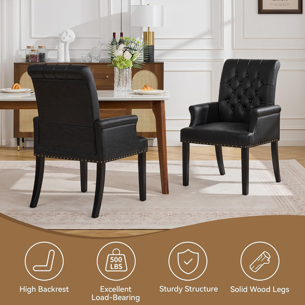 WUTUTUEE PU Leather Dining Chair with Arms, Upholstered Tufted High Back Dining Room Chairs, Accent Armchair with Solid Wood Leg and Nailhead Trim, Kitchen Dining Living Room, Black