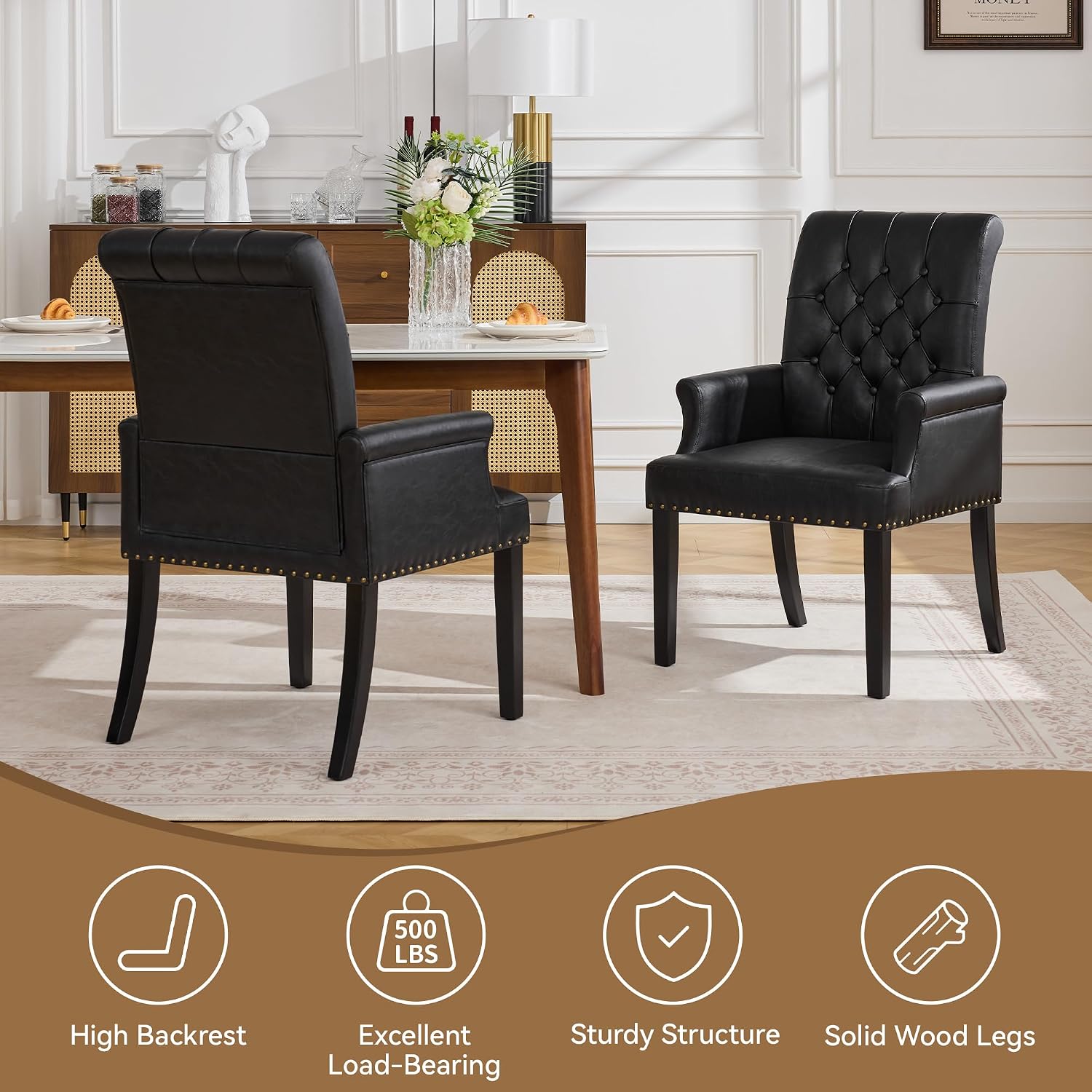 WUTUTUEE PU Leather Dining Chair with Arms, Upholstered Tufted High Back Dining Room Chairs, Accent Armchair with Solid Wood Leg and Nailhead Trim, Kitchen Dining Living Room, Black