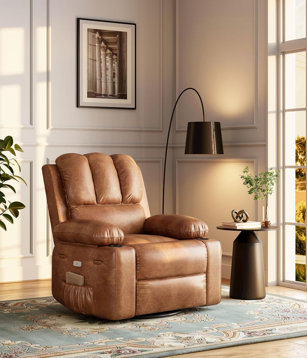 IDEALHOUSE Power Recliner Chair with Massage and Heat, Leather Fabric Reclining Sofa Chair, 360° Swivel Recliner Chairs with Cup Holder for Living Room, Bedroom, Nursery, Retro Brown