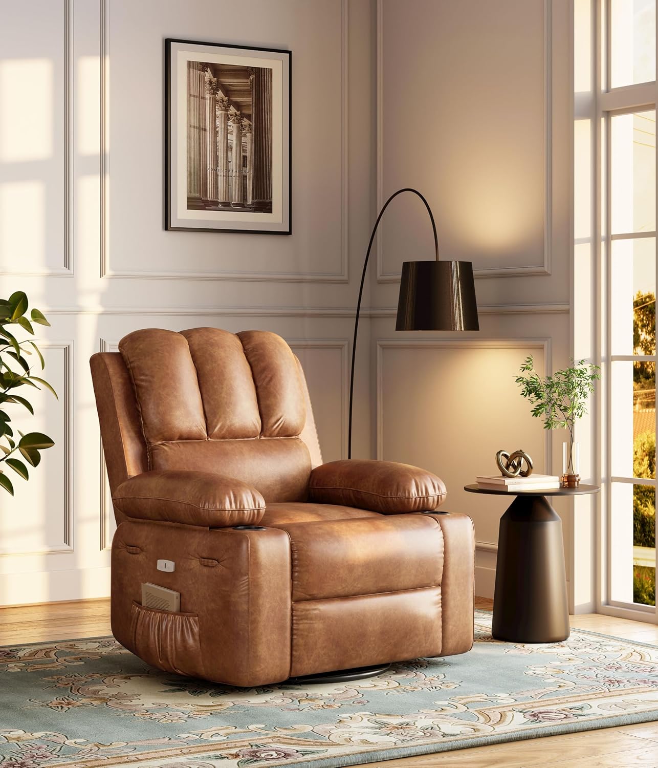 IDEALHOUSE Power Recliner Chair with Massage and Heat, Leather Fabric Reclining Sofa Chair, 360° Swivel Recliner Chairs with Cup Holder for Living Room, Bedroom, Nursery, Retro Brown