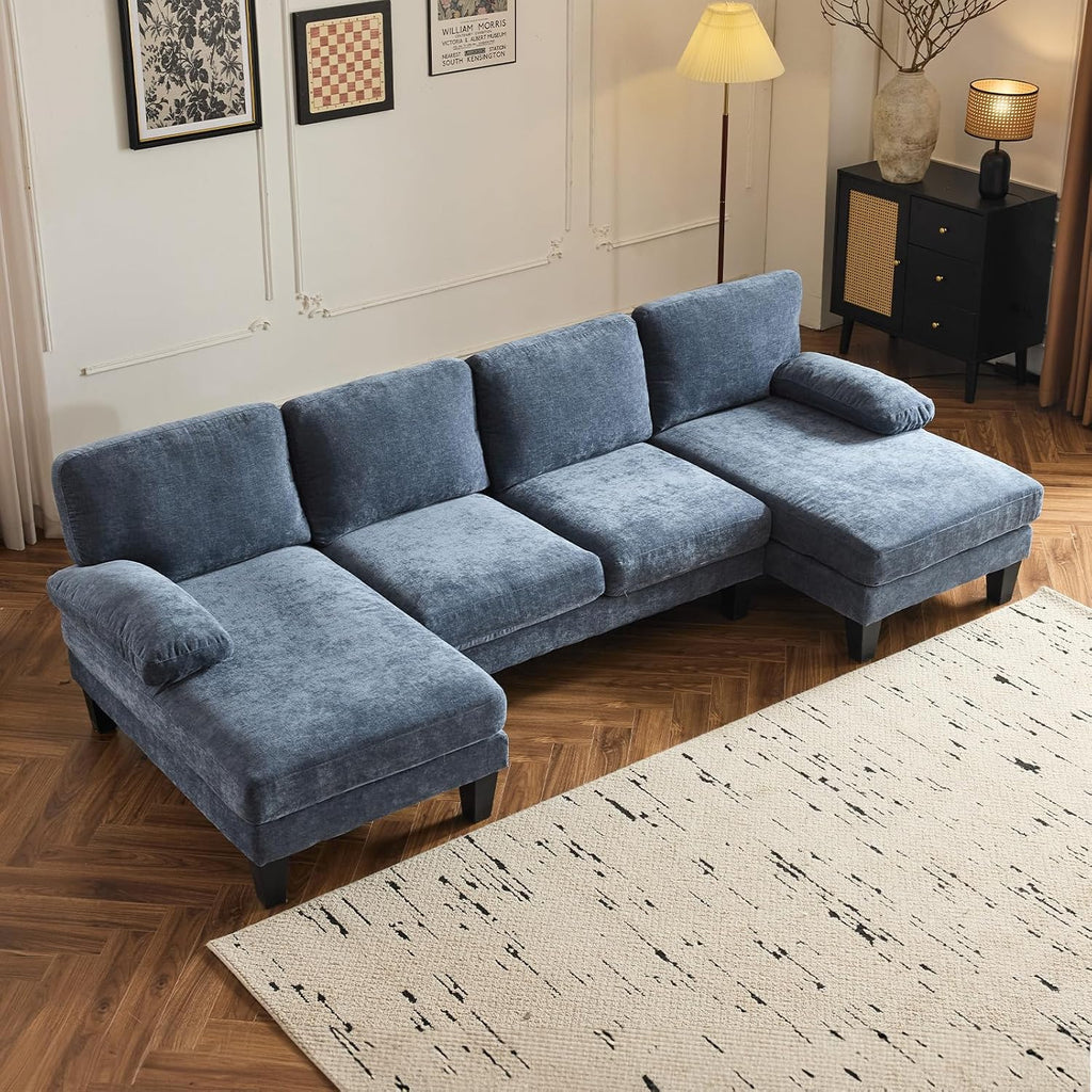 VINGLI 110' Sectional Couches for Living Room,U Shaped Couch with Double Chaise, 4-Seat Sofa Set with Corduroy Fabric for Home Furniture,Ocean Blue