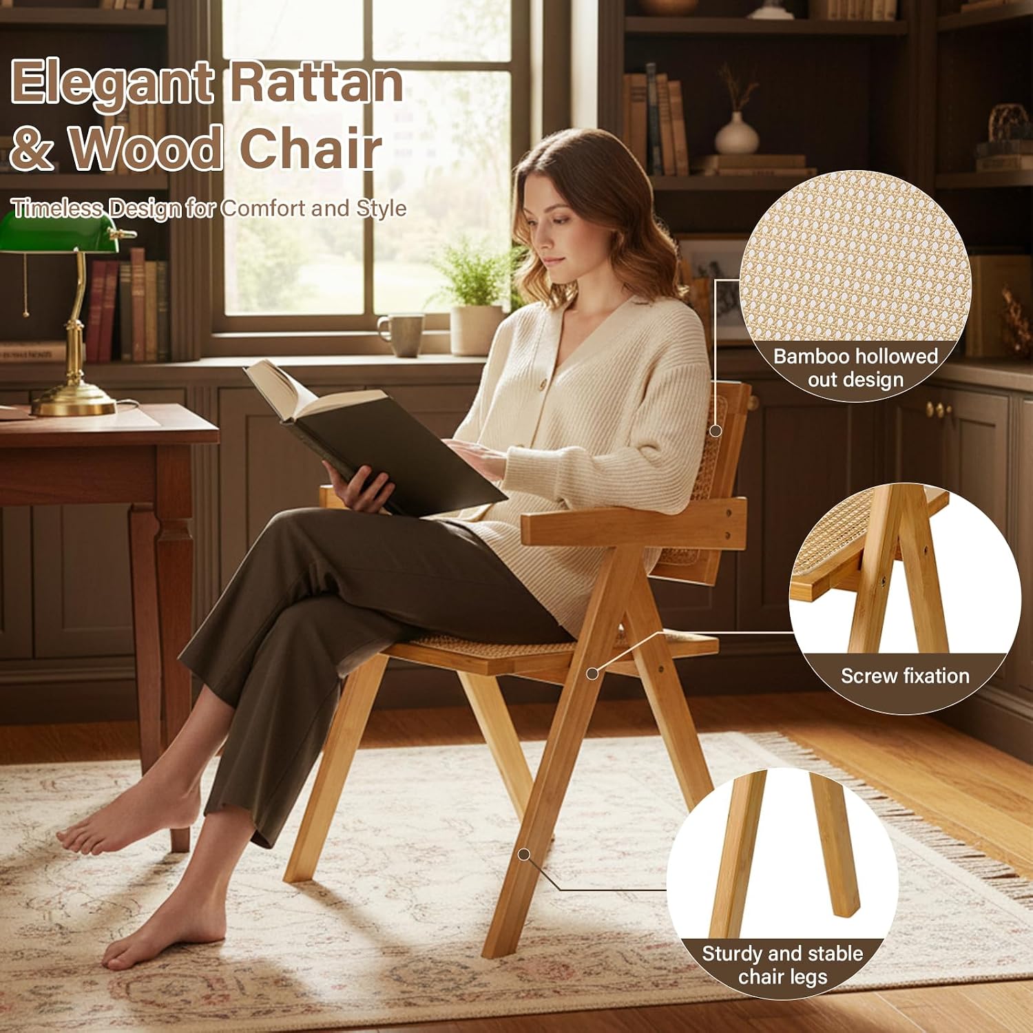 Furlide Rattan Dining Chairs Set of 2, Modern Mid Century Accent Chairs, Comfy Armchairs, Outdoor Rattan Chairs with Armrest for Bedroom Living Room Reading Room Dining Kitchen