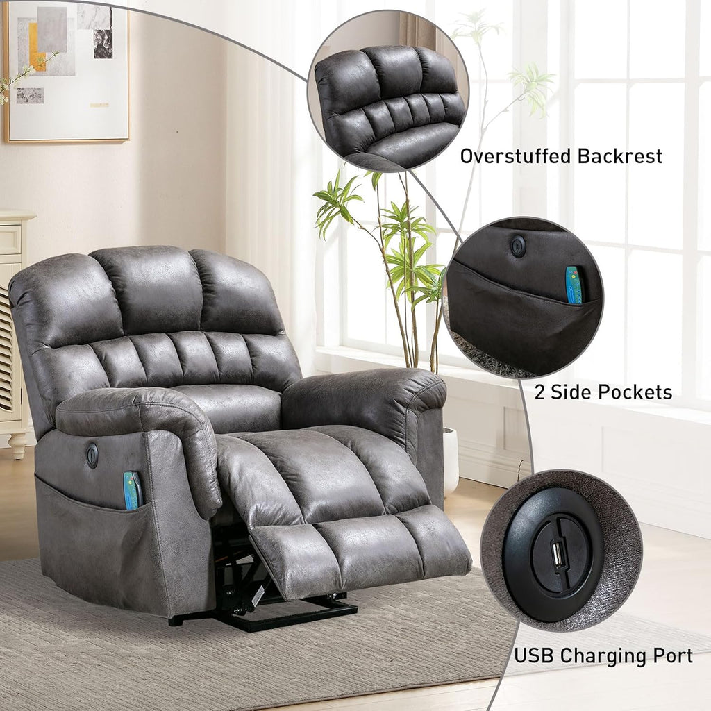 Bonzy Home Power Lift Chairs Recliner for Elderly, Electric Recliner Chair with Heat and Massage, 24' Wide Seat for Big People, Comfortable Backrest, Faux Leather, USB Charging Ports, Grey