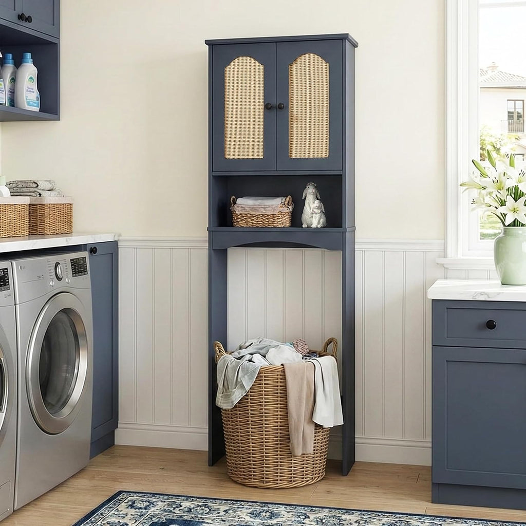 Over The Toilet Storage Cabinet with Rattan Doors, Boho Farmhouse Bathroom Organizer Over Toilet, 5-Level Adjustable Bottom Bar Fits Water Valve, 3 Adjustable Inner Shelves, Navy Blue, 24'x70'