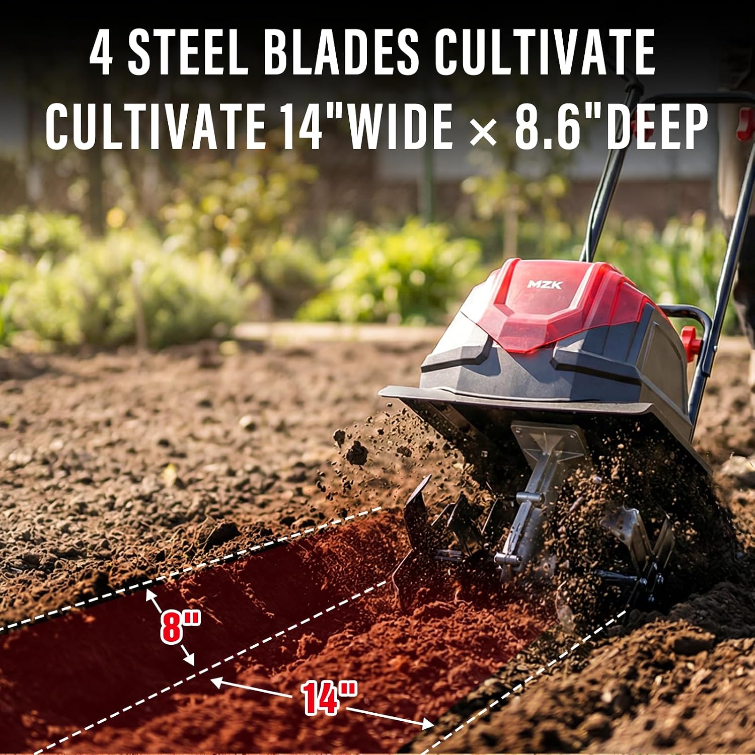 MZK 40V 12-inch Cordless Garden Tiller, 12In Width and 8.6In Depth Garden Rototiller,Battery Powered Garden Cultivator for Lawn/Gardening/Soil Cultivation(2 * 4.0Ah Battery&Charger Included),TC12D02