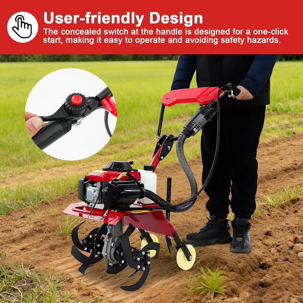 Mini Tiller Cultivator, 63CC 4-Stroke Gas Powered Tiller Cultivator 8500-9000rpm Speed 1600W Garden Yard Rototiller Tilling with Fuel Tank Cordless Tiller Cultivator for Gardening