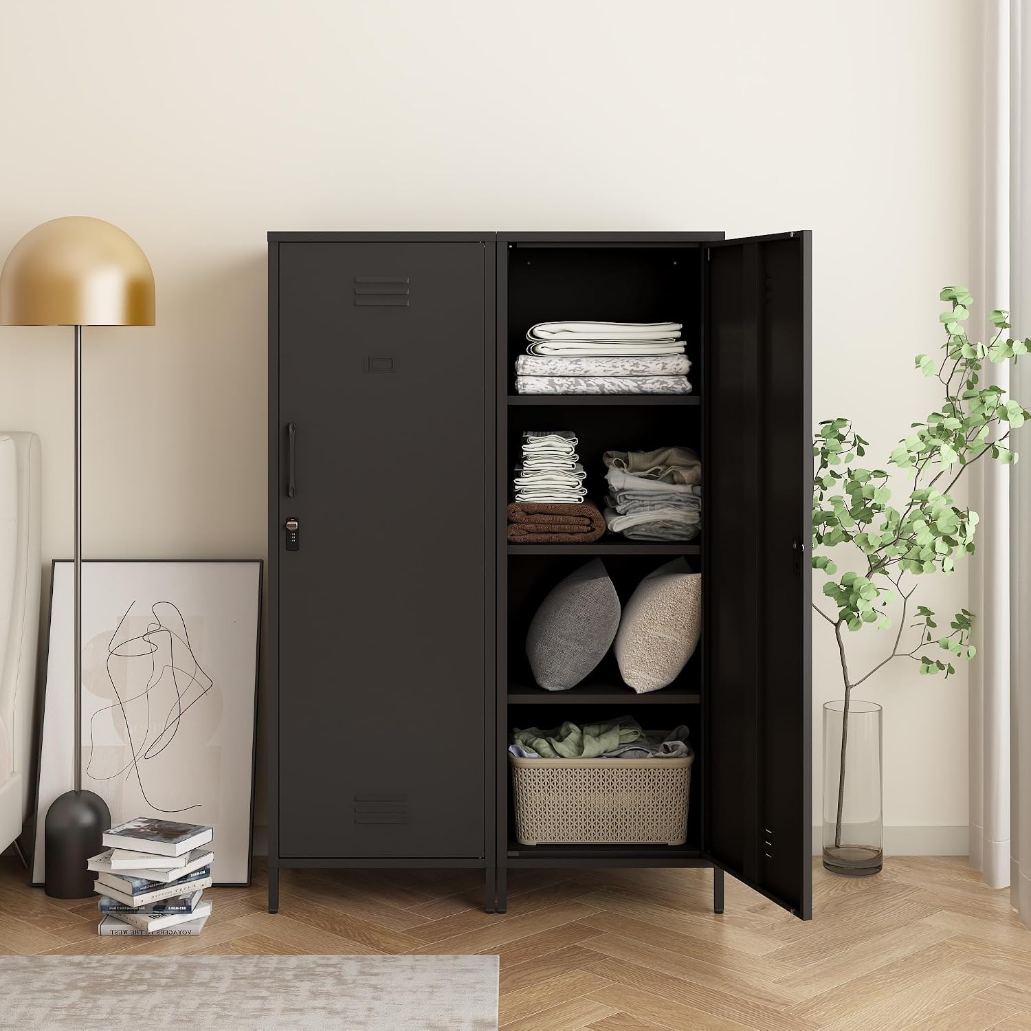 Steehoom Locker Cabinet, 59.06' H Black Metal Locker Storage Cabinet for Employees with Locking Door and 2 Shelves Kids Locker Tool File Cabinets for Bedroom, Home Office, Garage, Bathroom