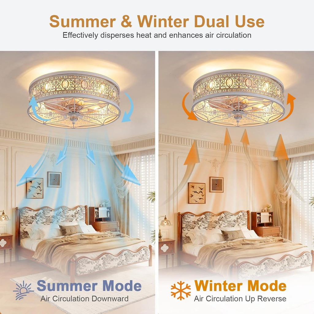 French Country Shabby Chic Crystal Fandelier, Cottage Flush Mount Ceiling Fan with Lights and Remote, Decorative Enclosed Fan for Girls Room, Nursery, Small Bedrooms
